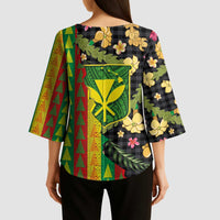 Hawaiian Tropical Plants Lei Kimono Sleeve Blouse Kanaka Maoli Tribal with Palaka Motifs - Polynesian Pride