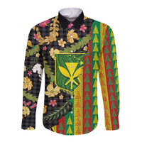 Hawaiian Tropical Plants Lei Long Sleeve Button Shirt Kanaka Maoli Tribal with Palaka Motifs - Polynesian Pride