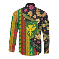 Hawaiian Tropical Plants Lei Long Sleeve Button Shirt Kanaka Maoli Tribal with Palaka Motifs - Polynesian Pride