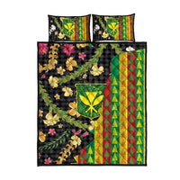Hawaiian Tropical Plants Lei Quilt Bed Set Kanaka Maoli Tribal with Palaka Motifs - Polynesian Pride