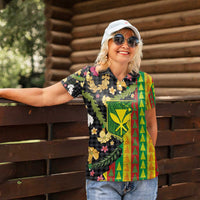 Hawaiian Tropical Plants Lei Women Polo Shirt Kanaka Maoli Tribal with Palaka Motifs - Polynesian Pride