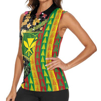 Hawaiian Tropical Plants Lei Women Sleeveless Polo Shirt Kanaka Maoli Tribal with Palaka Motifs - Polynesian Pride