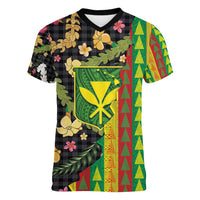 Hawaiian Tropical Plants Lei Women V-Neck T-Shirt Kanaka Maoli Tribal with Palaka Motifs - Polynesian Pride