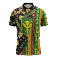Hawaiian Tropical Plants Lei Zipper Polo Shirt Kanaka Maoli Tribal with Palaka Motifs - Polynesian Pride