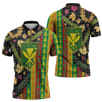 Hawaiian Tropical Plants Lei Zipper Polo Shirt Kanaka Maoli Tribal with Palaka Motifs - Polynesian Pride