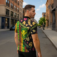 Hawaiian Tropical Plants Lei Zipper Polo Shirt Kanaka Maoli Tribal with Palaka Motifs - Polynesian Pride