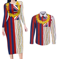 Hawaiian Tropical Plants Lei Couples Matching Long Sleeve Bodycon Dress and Long Sleeve Button Shirt National Flag Style - Polynesian Pride