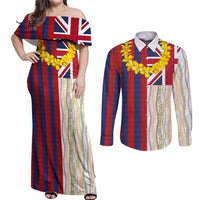 Hawaiian Tropical Plants Lei Couples Matching Off Shoulder Maxi Dress and Long Sleeve Button Shirt National Flag Style - Polynesian Pride