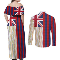 Hawaiian Tropical Plants Lei Couples Matching Off Shoulder Maxi Dress and Long Sleeve Button Shirt National Flag Style - Polynesian Pride