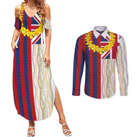 Hawaiian Tropical Plants Lei Couples Matching Summer Maxi Dress and Long Sleeve Button Shirt National Flag Style - Polynesian Pride
