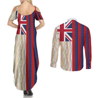 Hawaiian Tropical Plants Lei Couples Matching Summer Maxi Dress and Long Sleeve Button Shirt National Flag Style - Polynesian Pride