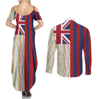 Hawaiian Tropical Plants Lei Couples Matching Summer Maxi Dress and Long Sleeve Button Shirt National Flag Style LT03 - Polynesian Pride