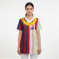 Hawaiian Tropical Plants Lei Scrub Top National Flag Style - Polynesian Pride