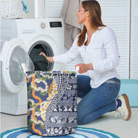 Hawaiian Plumeria Lei Laundry Basket Kakau Motifs and Palaka Half Style Blue Color - Polynesian Pride