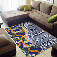 Hawaiian Plumeria Lei Area Rug Kakau Motifs and Palaka Half Style Blue Color - Polynesian Pride