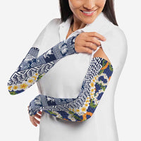 Hawaiian Plumeria Lei Arm Sleeves Kakau Motifs and Palaka Half Style Blue Color - Polynesian Pride