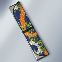 Hawaiian Plumeria Lei Auto Sun Shade Kakau Motifs and Palaka Half Style Blue Color - Polynesian Pride