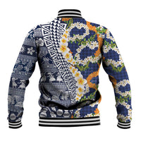Hawaiian Plumeria Lei Baseball Jacket Kakau Motifs and Palaka Half Style Blue Color - Polynesian Pride