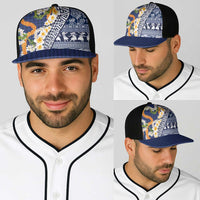 Hawaiian Plumeria Lei Baseball Net Cap Kakau Motifs and Palaka Half Style Blue Color - Polynesian Pride