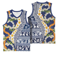 Hawaiian Plumeria Lei Basketball Jersey Kakau Motifs and Palaka Half Style Blue Color - Polynesian Pride