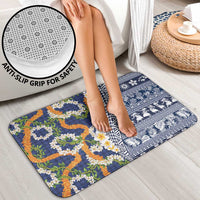 Hawaiian Plumeria Lei Bathroom Set Kakau Motifs and Palaka Half Style Blue Color - Polynesian Pride
