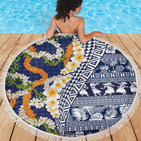 Hawaiian Plumeria Lei Beach Blanket Kakau Motifs and Palaka Half Style Blue Color - Polynesian Pride