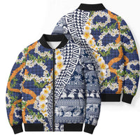 Hawaiian Plumeria Lei Bomber Puffer Jacket Kakau Motifs and Palaka Half Style Blue Color - Polynesian Pride