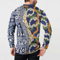 Hawaiian Plumeria Lei Button Sweatshirt Kakau Motifs and Palaka Half Style Blue Color - Polynesian Pride
