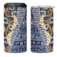 Hawaiian Plumeria Lei 4 in 1 Can Cooler Tumbler Kakau Motifs and Palaka Half Style Blue Color - Polynesian Pride
