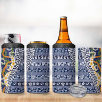 Hawaiian Plumeria Lei 4 in 1 Can Cooler Tumbler Kakau Motifs and Palaka Half Style Blue Color - Polynesian Pride