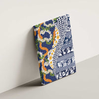 Hawaiian Plumeria Lei Canvas Wall Art Kakau Motifs and Palaka Half Style Blue Color - Polynesian Pride