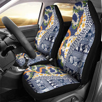 Hawaiian Plumeria Lei Car Seat Cover Kakau Motifs and Palaka Half Style Blue Color - Polynesian Pride