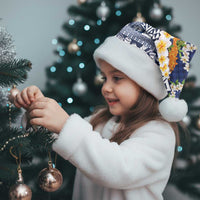 Hawaiian Plumeria Lei Christmas Santa Hat Kakau Motifs and Palaka Half Style Blue Color - Polynesian Pride