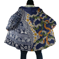 Hawaiian Plumeria Lei Cloak Kakau Motifs and Palaka Half Style Blue Color - Polynesian Pride