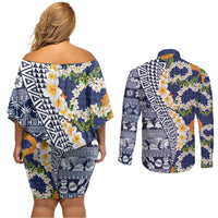 Hawaiian Plumeria Lei Couples Matching Off Shoulder Short Dress and Long Sleeve Button Shirt Kakau Motifs and Palaka Half Style Blue Color - Polynesian Pride