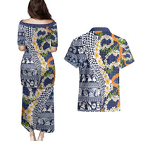 Hawaiian Plumeria Lei Couples Matching Puletasi and Hawaiian Shirt Kakau Motifs and Palaka Half Style Blue Color - Polynesian Pride