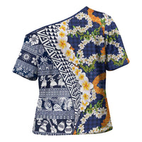 Hawaiian Plumeria Lei Cross Shoulder Shirt Kakau Motifs and Palaka Half Style Blue Color - Polynesian Pride
