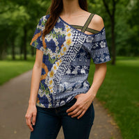 Hawaiian Plumeria Lei Cross Shoulder Shirt Kakau Motifs and Palaka Half Style Blue Color - Polynesian Pride