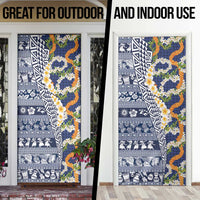 Hawaiian Plumeria Lei Door Cover Kakau Motifs and Palaka Half Style Blue Color - Polynesian Pride