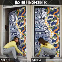 Hawaiian Plumeria Lei Door Cover Kakau Motifs and Palaka Half Style Blue Color - Polynesian Pride