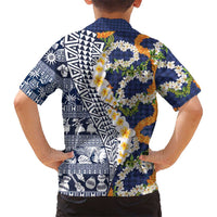Hawaiian Plumeria Lei Family Matching Long Sleeve Bodycon Dress and Hawaiian Shirt Kakau Motifs and Palaka Half Style Blue Color LT03 - Polynesian Pride