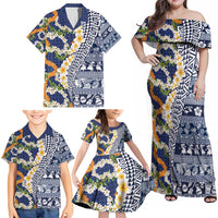 Hawaiian Plumeria Lei Family Matching Off Shoulder Maxi Dress and Hawaiian Shirt Kakau Motifs and Palaka Half Style Blue Color - Polynesian Pride