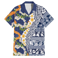 Hawaiian Plumeria Lei Family Matching Off Shoulder Maxi Dress and Hawaiian Shirt Kakau Motifs and Palaka Half Style Blue Color LT03 Dad's Shirt - Short Sleeve Blue - Polynesian Pride