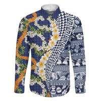 Hawaiian Plumeria Lei Family Matching Off Shoulder Maxi Dress and Hawaiian Shirt Kakau Motifs and Palaka Half Style Blue Color LT03 Dad's Shirt - Long Sleeve Blue - Polynesian Pride