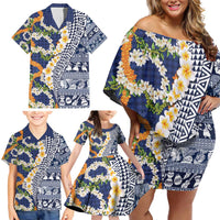 Hawaiian Plumeria Lei Family Matching Off Shoulder Short Dress and Hawaiian Shirt Kakau Motifs and Palaka Half Style Blue Color - Polynesian Pride