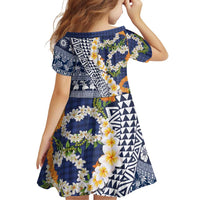 Hawaiian Plumeria Lei Family Matching Short Sleeve Bodycon Dress and Hawaiian Shirt Kakau Motifs and Palaka Half Style Blue Color LT03 - Polynesian Pride