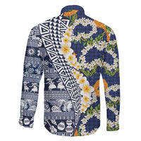 Hawaiian Plumeria Lei Family Matching Short Sleeve Bodycon Dress and Hawaiian Shirt Kakau Motifs and Palaka Half Style Blue Color LT03 - Polynesian Pride