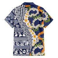 Hawaiian Plumeria Lei Family Matching Summer Maxi Dress and Hawaiian Shirt Kakau Motifs and Palaka Half Style Blue Color LT03 - Polynesian Pride