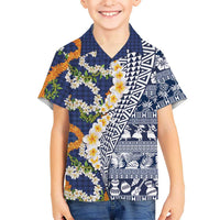 Hawaiian Plumeria Lei Family Matching Summer Maxi Dress and Hawaiian Shirt Kakau Motifs and Palaka Half Style Blue Color LT03 Son's Shirt Blue - Polynesian Pride
