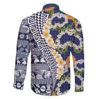 Hawaiian Plumeria Lei Family Matching Tank Maxi Dress and Hawaiian Shirt Kakau Motifs and Palaka Half Style Blue Color - Polynesian Pride